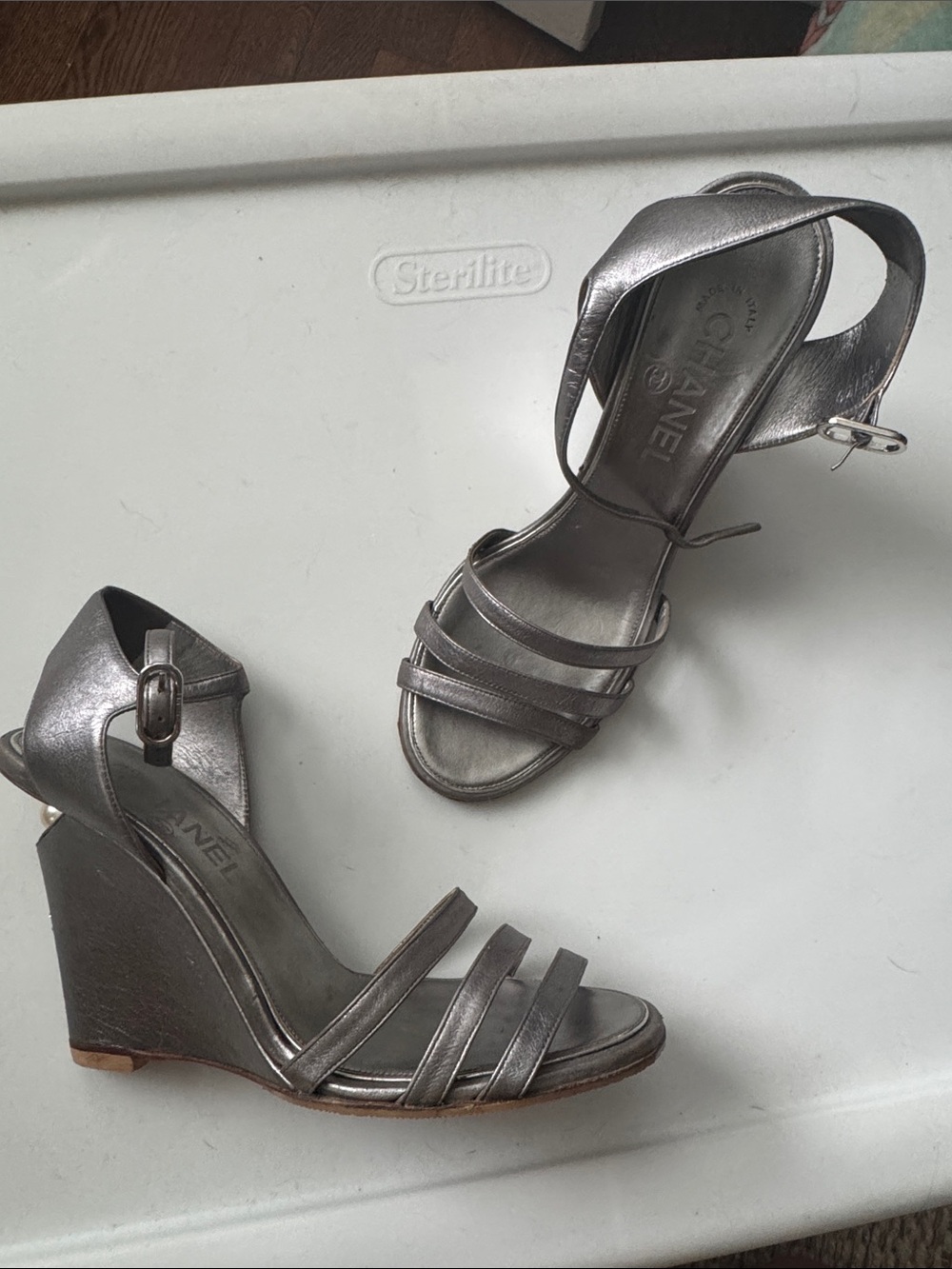CHANEL Metallic Silver Strappy Wedge Sandals